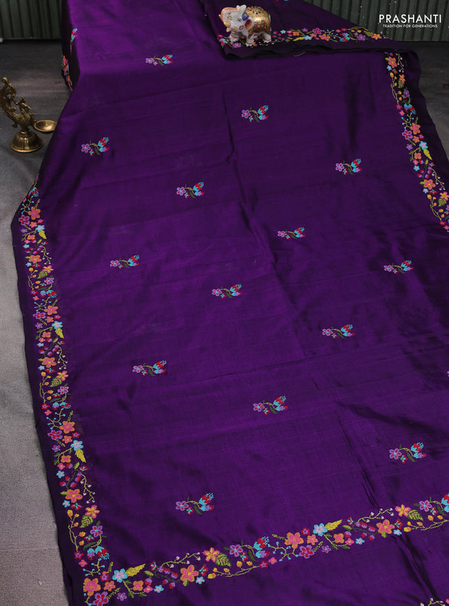 Silk cotton saree violet with floral embroidery buttas and embroidery border