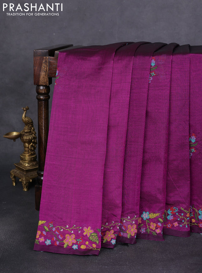 Silk cotton saree purple with floral embroidery buttas and embroidery border