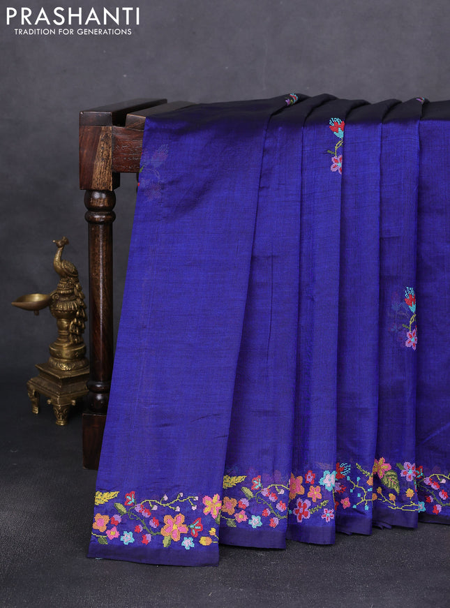 Silk cotton saree blue with floral embroidery buttas and embroidery border