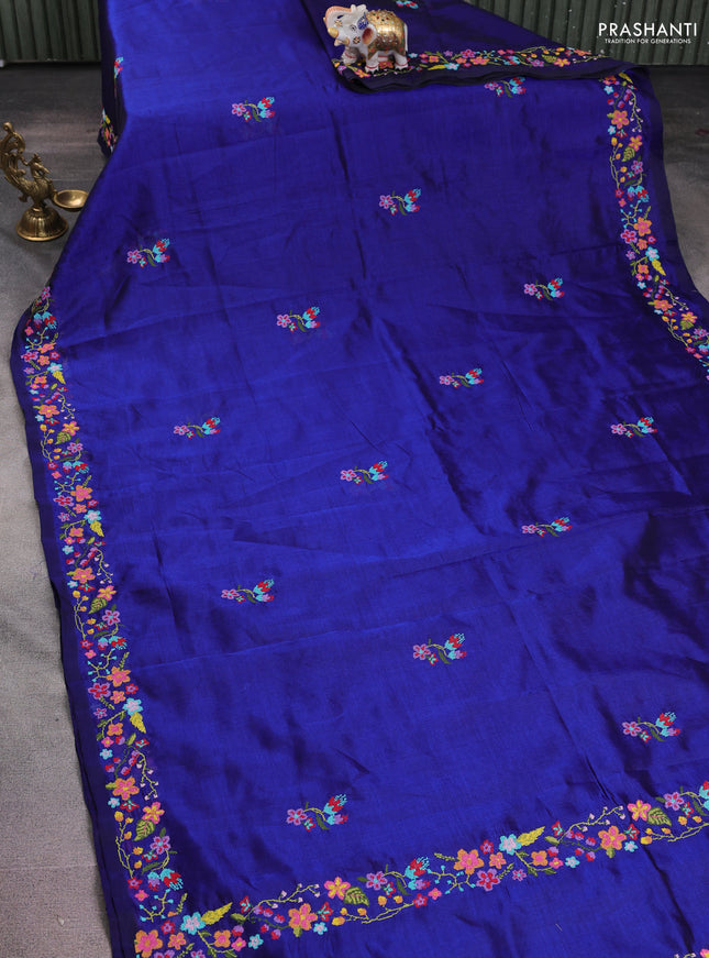 Silk cotton saree blue with floral embroidery buttas and embroidery border