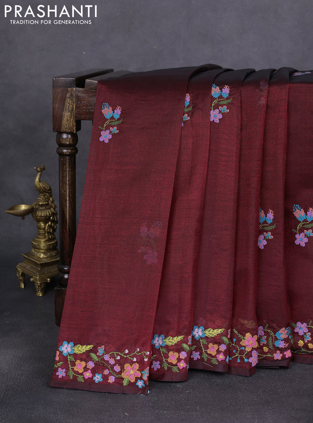 Silk cotton saree maroon with floral embroidery buttas and embroidery border