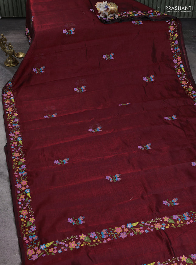 Silk cotton saree maroon with floral embroidery buttas and embroidery border