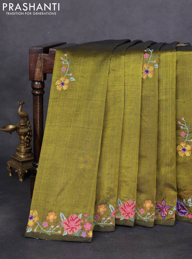 Silk cotton saree mehendi green with floral embroidery buttas and embroidery border