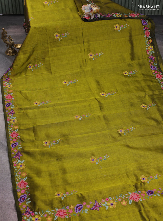 Silk cotton saree mehendi green with floral embroidery buttas and embroidery border
