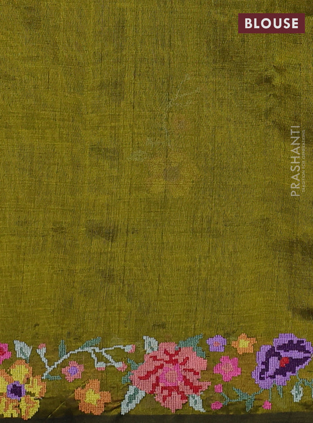 Silk cotton saree mehendi green with floral embroidery buttas and embroidery border