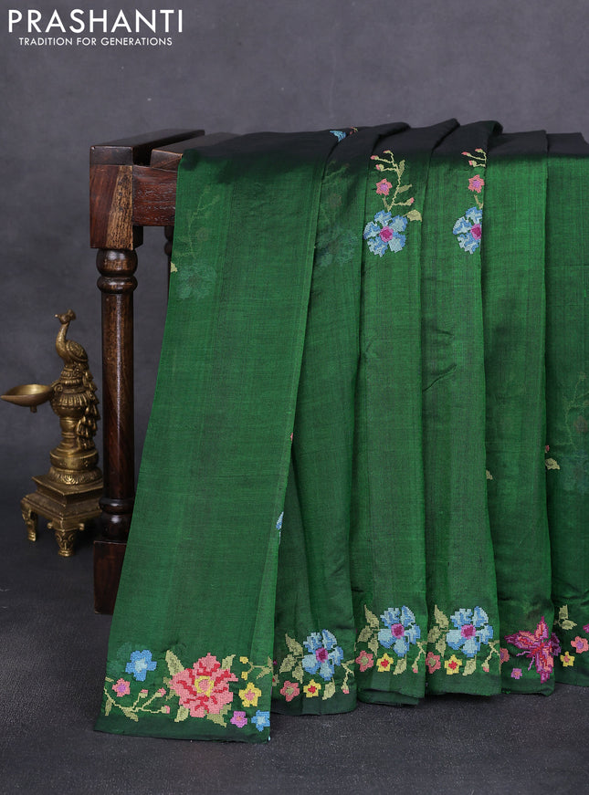 Silk cotton saree green with floral embroidery buttas and embroidery border