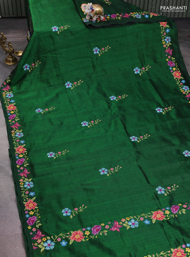 Silk cotton saree green with floral embroidery buttas and embroidery border