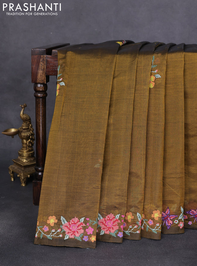 Silk cotton saree mehendi green with floral embroidery buttas and embroidery border