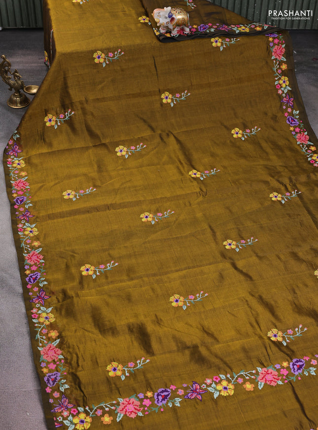 Silk cotton saree mehendi green with floral embroidery buttas and embroidery border
