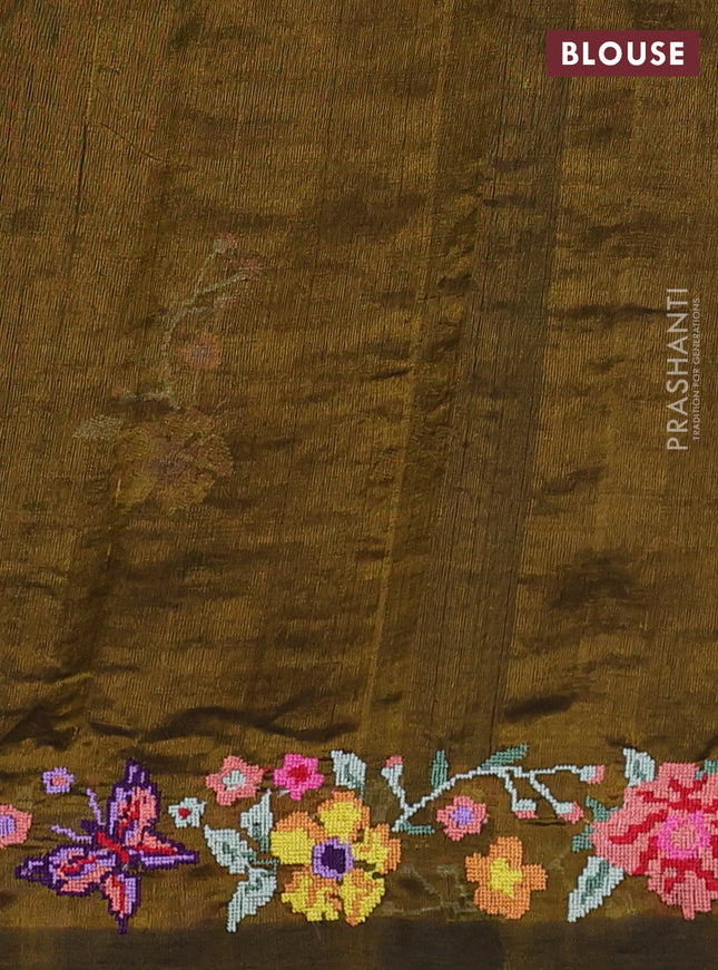 Silk cotton saree mehendi green with floral embroidery buttas and embroidery border