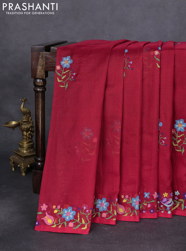 Silk cotton saree kumkum red with floral embroidery buttas and embroidery border