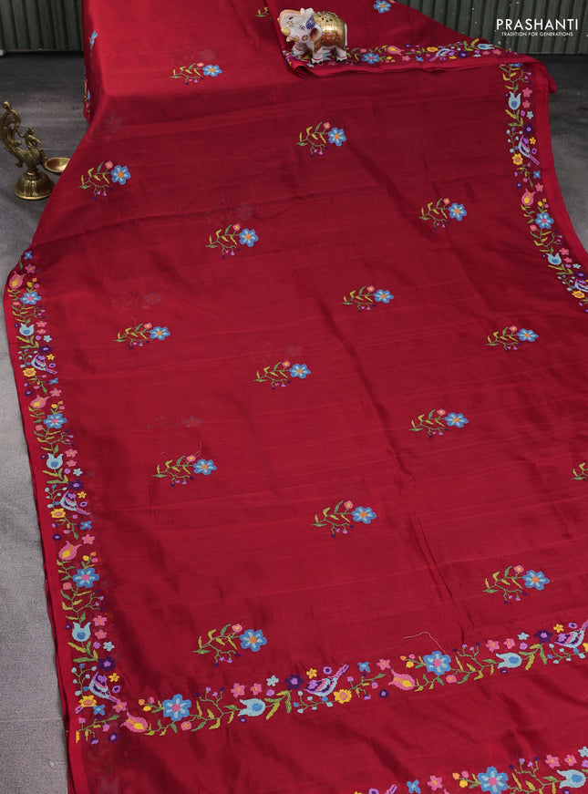 Silk cotton saree kumkum red with floral embroidery buttas and embroidery border