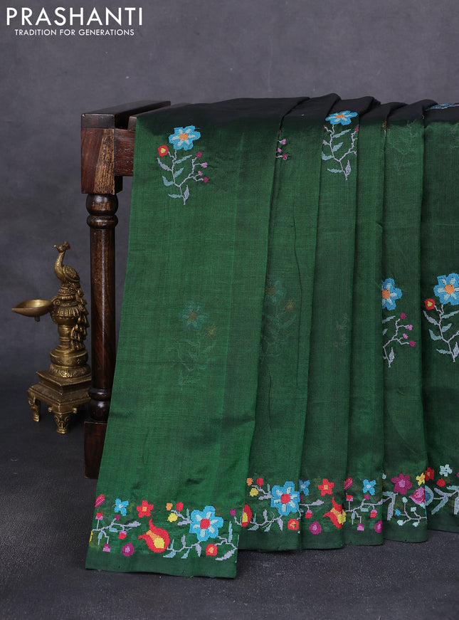 Silk cotton saree green with floral embroidery buttas and embroidery border