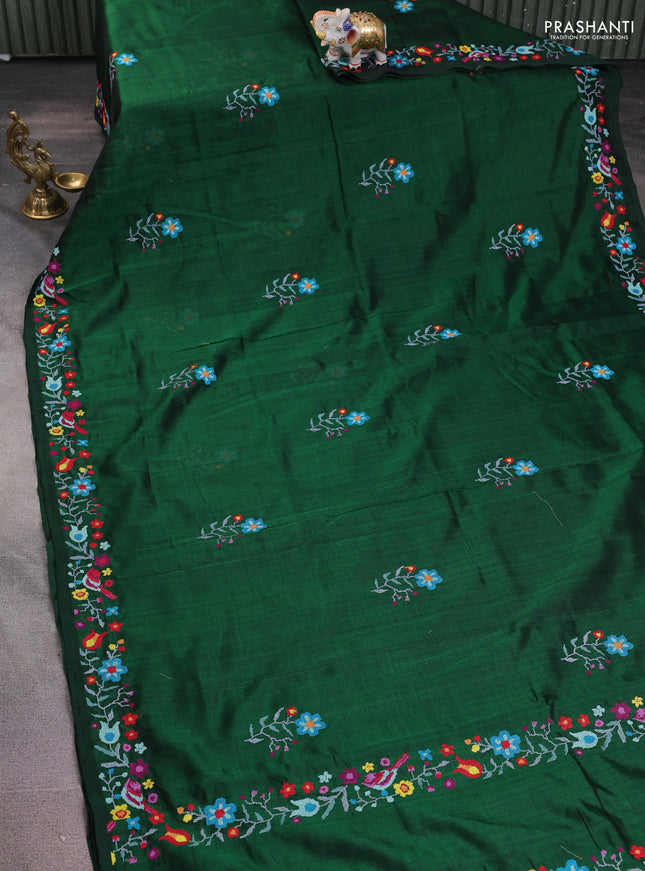 Silk cotton saree green with floral embroidery buttas and embroidery border