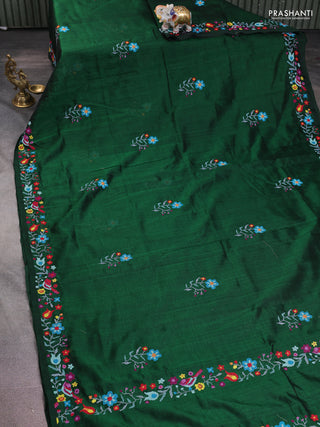 Silk cotton saree green with floral embroidery buttas and embroidery border