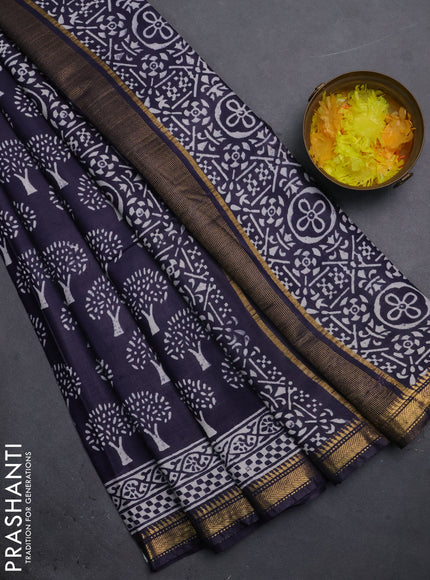 Semi bhagalpuri saree deep jamun with allover prints and zari woven border