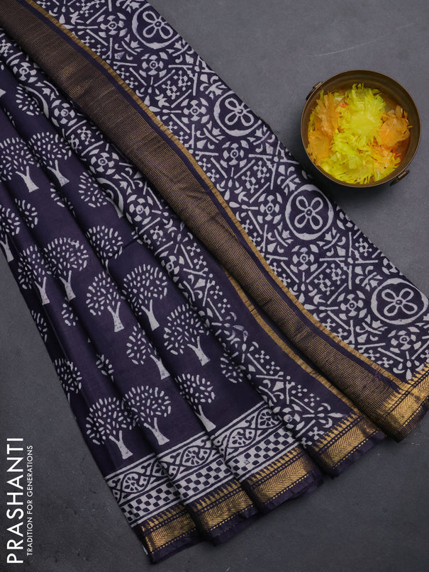 Semi bhagalpuri saree deep jamun with allover prints and zari woven border