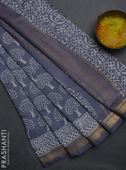 Semi bhagalpuri saree grey with allover prints and zari woven border