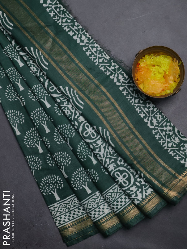 Semi bhagalpuri saree green with allover prints and zari woven border