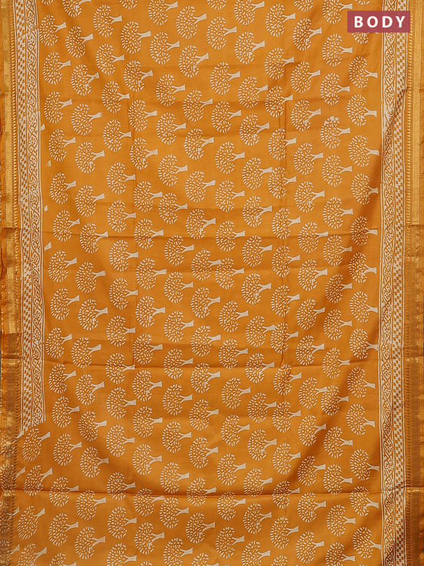 Semi bhagalpuri saree mustard yellow with allover prints and zari woven border