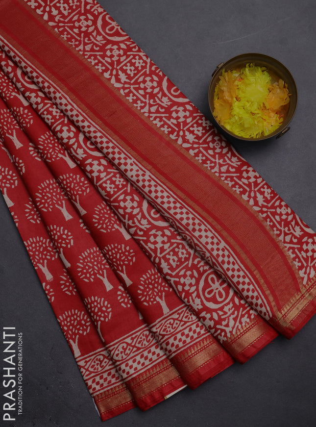 Semi bhagalpuri saree red with allover prints and zari woven border