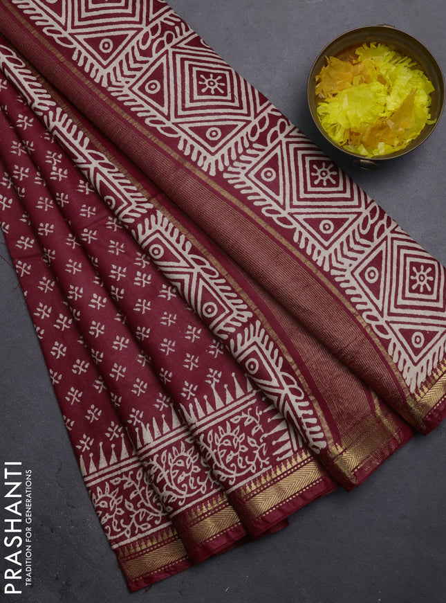 Semi bhagalpuri saree maroon with allover prints and zari woven border