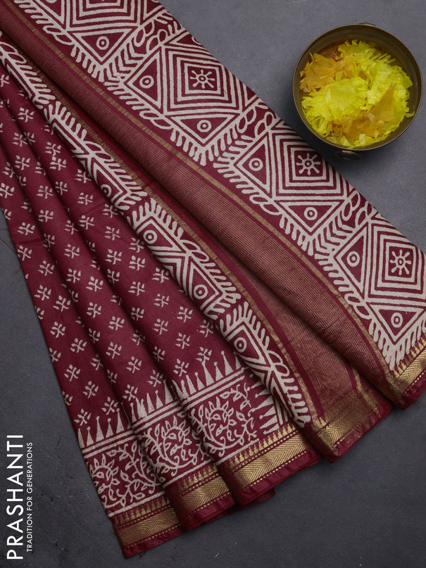 Semi bhagalpuri saree maroon with allover prints and zari woven border