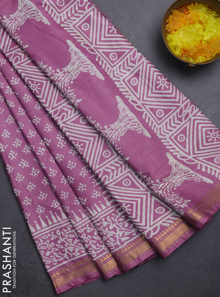 Semi bhagalpuri saree purple with allover prints and zari woven border