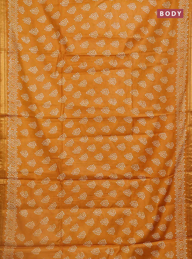 Semi bhagalpuri saree mustard yellow with allover prints and zari woven border