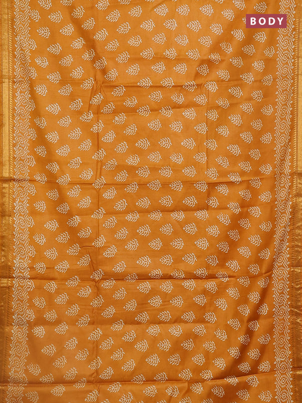 Semi bhagalpuri saree mustard yellow with allover prints and zari woven border