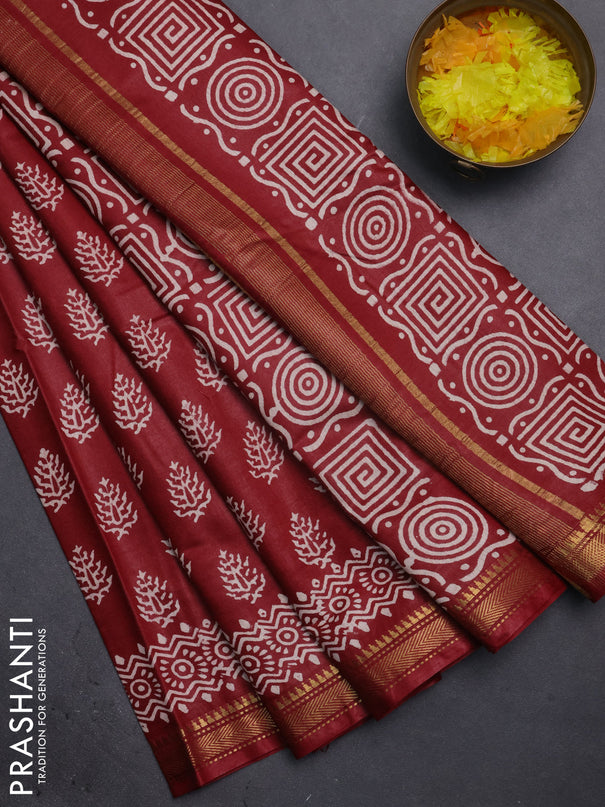 Semi bhagalpuri saree maroon with allover prints and zari woven border