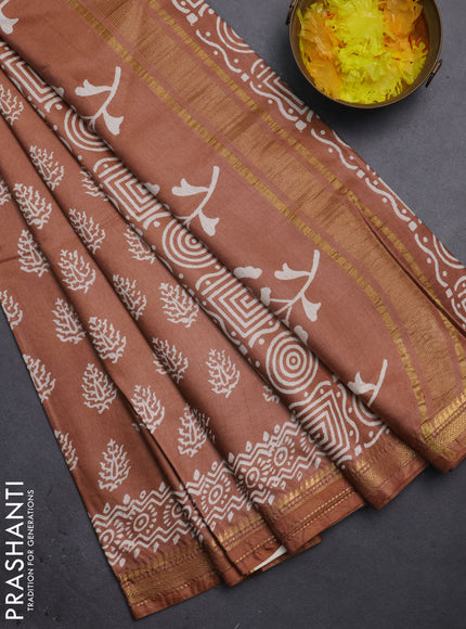 Semi bhagalpuri saree brown with allover prints and zari woven border