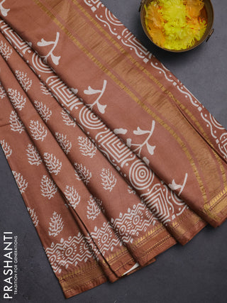 Semi bhagalpuri saree brown with allover prints and zari woven border