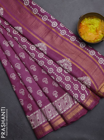 Semi bhagalpuri saree purple with allover prints and zari woven border