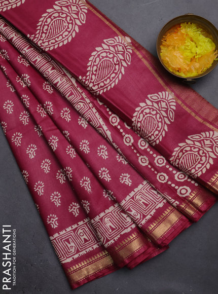 Semi bhagalpuri saree maroon shade with allover prints and zari woven border