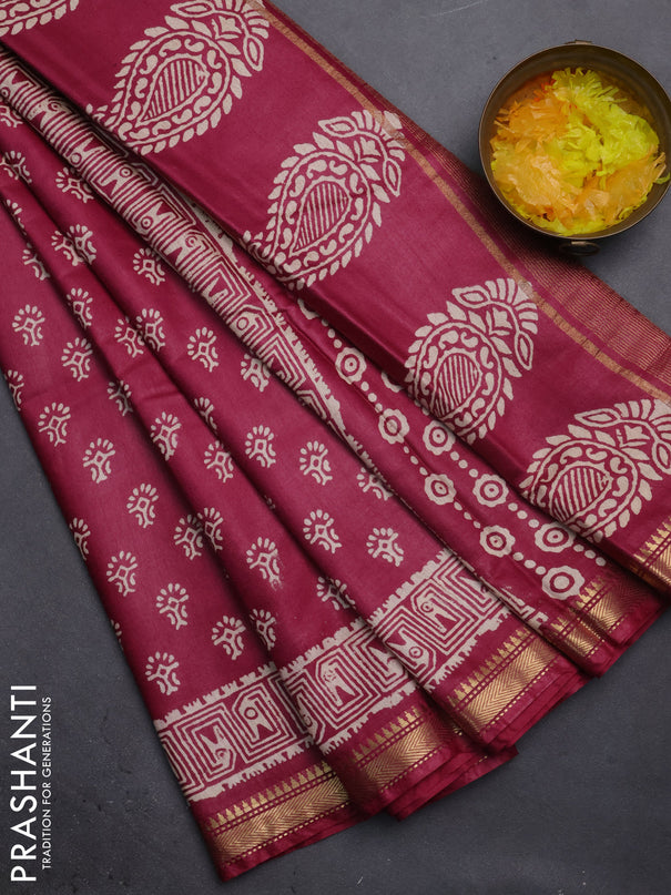 Semi bhagalpuri saree maroon shade with allover prints and zari woven border