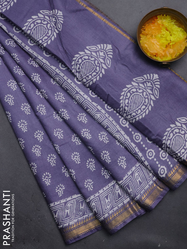 Semi bhagalpuri saree grey with allover prints and zari woven border