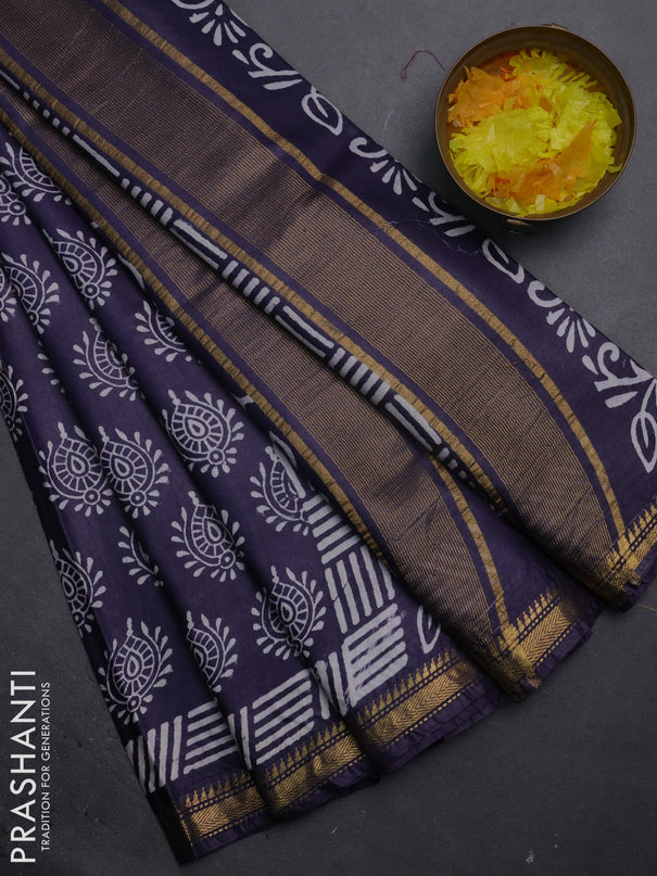 Semi bhagalpuri saree deep jamun with allover prints and zari woven border