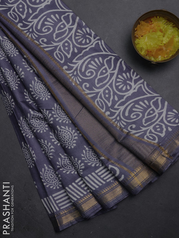 Semi bhagalpuri saree grey with allover prints and zari woven border