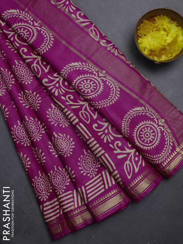 Semi bhagalpuri saree deep purple with allover prints and zari woven border