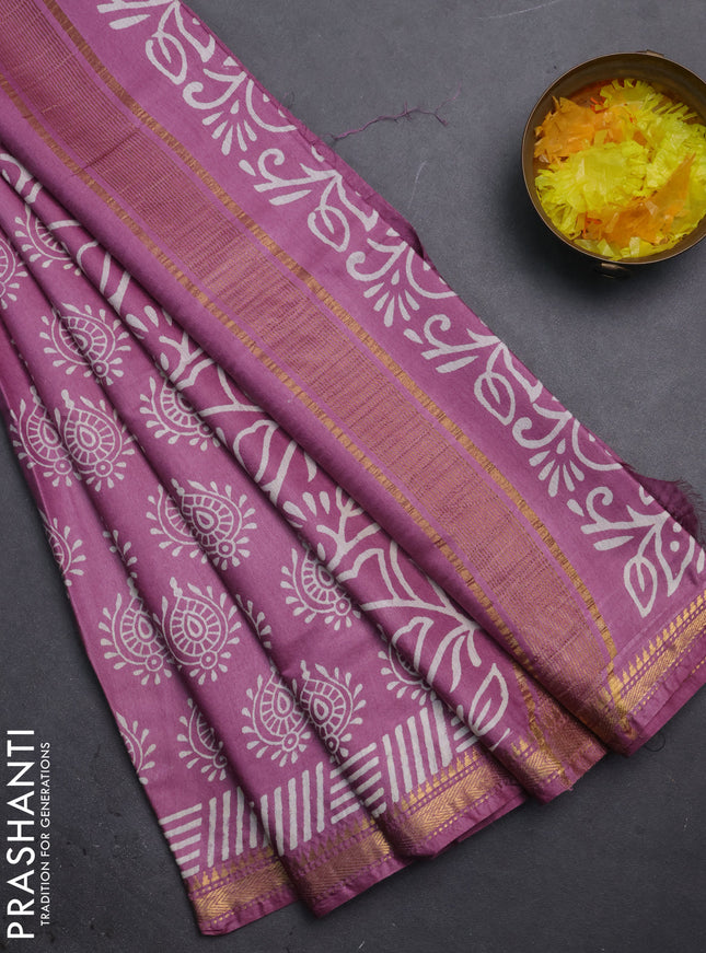 Semi bhagalpuri saree lavender with allover prints and zari woven border