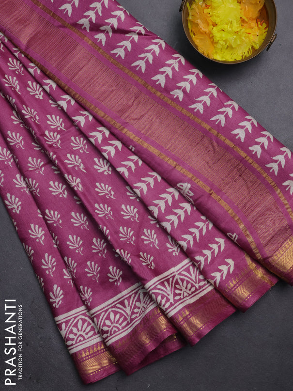 Semi bhagalpuri saree purple with allover prints and zari woven border