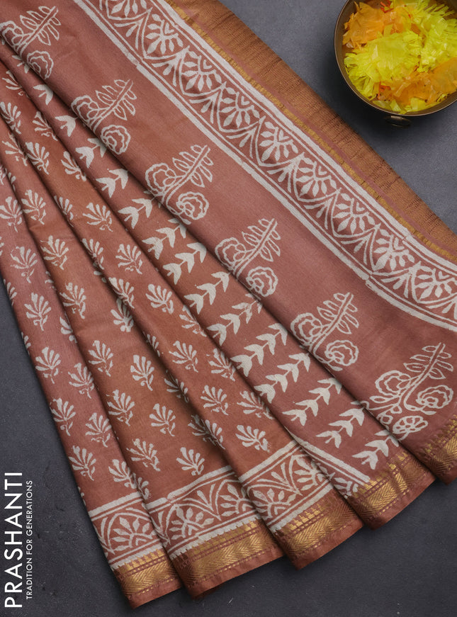 Semi bhagalpuri saree brown with allover prints and zari woven border