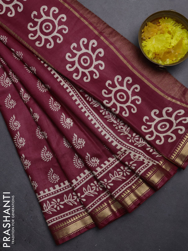 Semi bhagalpuri saree maroon with allover prints and zari woven border
