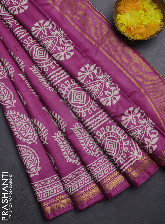 Semi bhagalpuri saree purple with allover prints and zari woven border