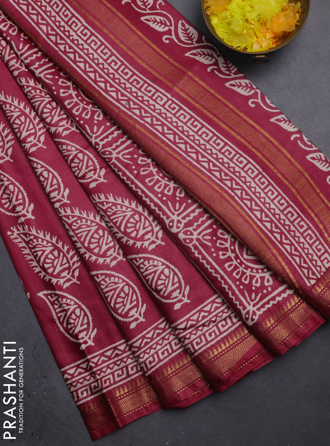 Semi bhagalpuri saree maroon with allover prints and zari woven border