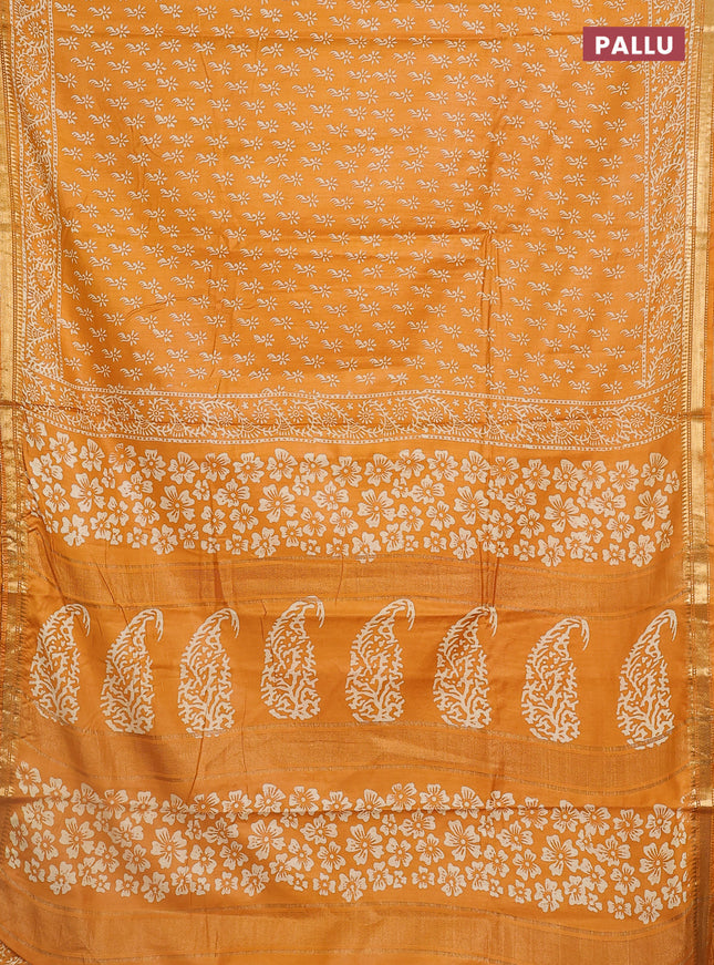 Semi bhagalpuri saree mustard yellow with allover prints and zari woven border