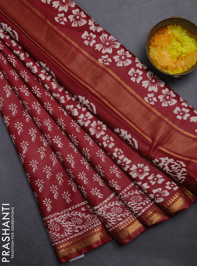 Semi bhagalpuri saree maroon with allover prints and zari woven border