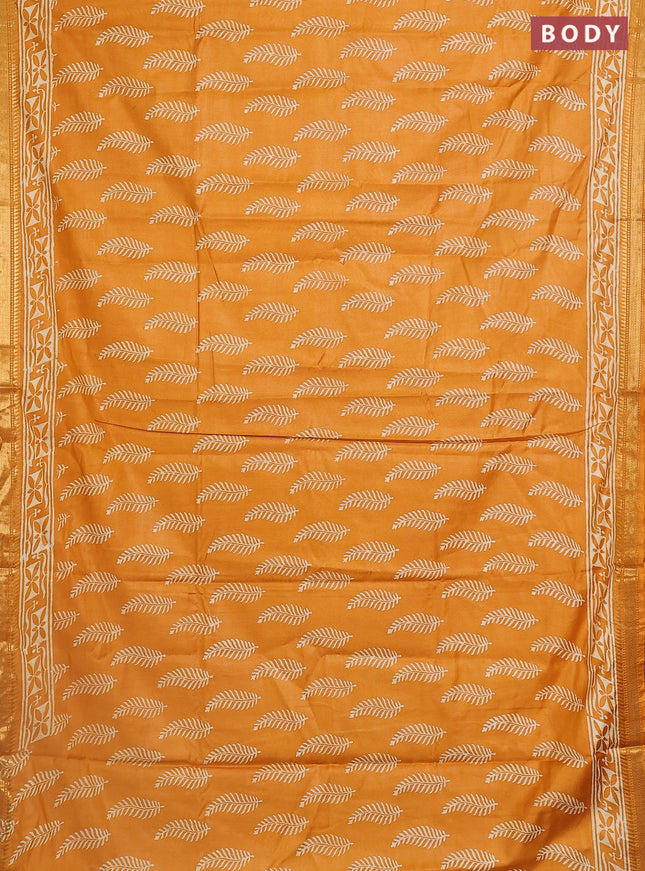 Semi bhagalpuri saree mustard yellow with allover prints and zari woven border