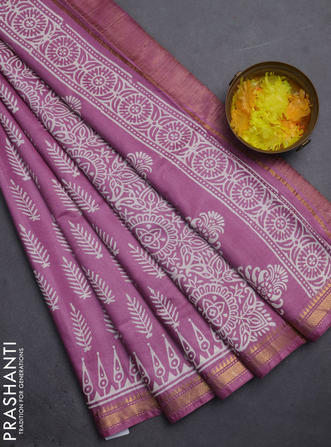 Semi bhagalpuri saree lavender with allover prints and zari woven border
